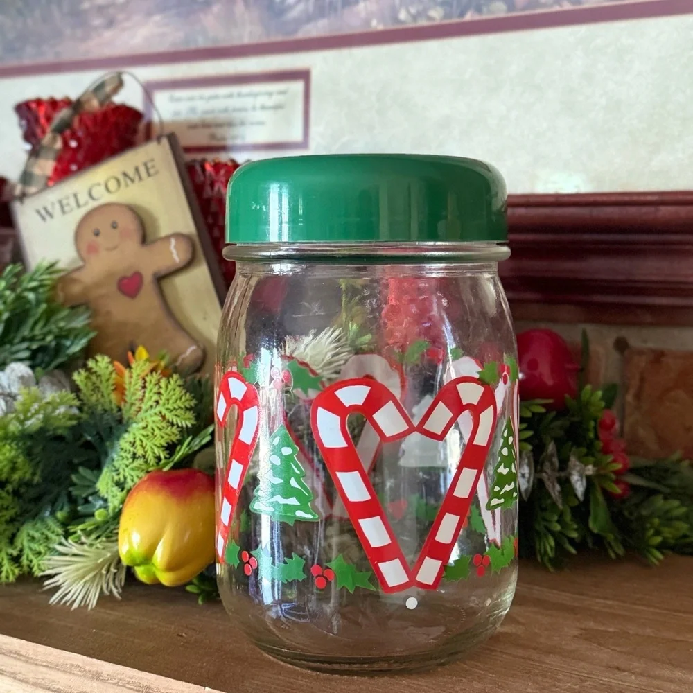 Holiday Candy Cane Heart Glass Jar with Green Lid